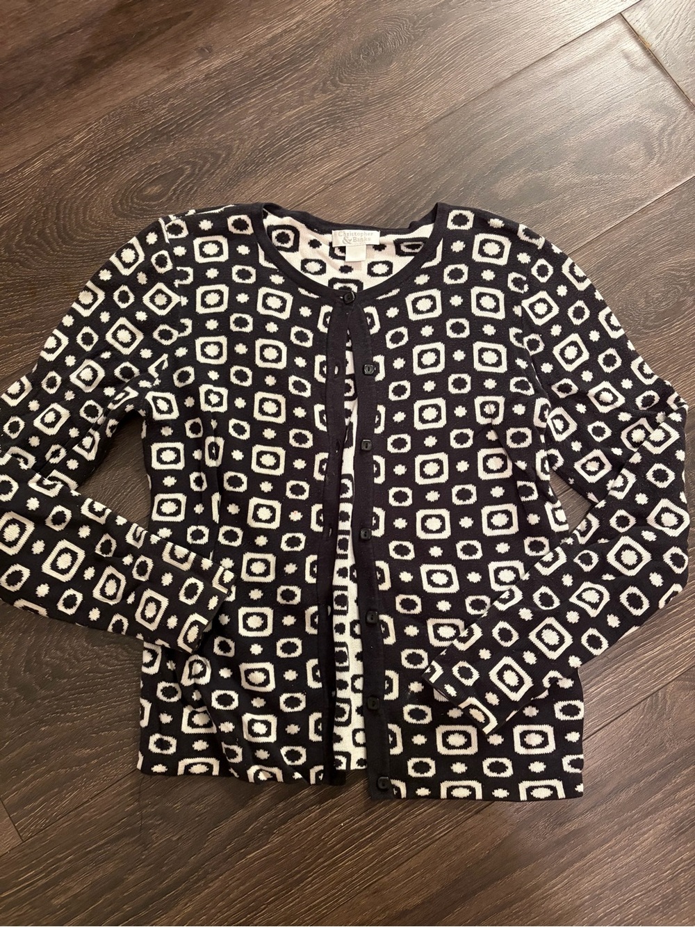 Vtg Christopher & Banks Black and White Geometric Button-Front Top Cottagecore S